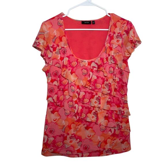 Apt 9 Blouse Women's Large Round Neck Y2k Ruffle Pink Short Sleeve Tie Dye Top - Picture 1 of 9